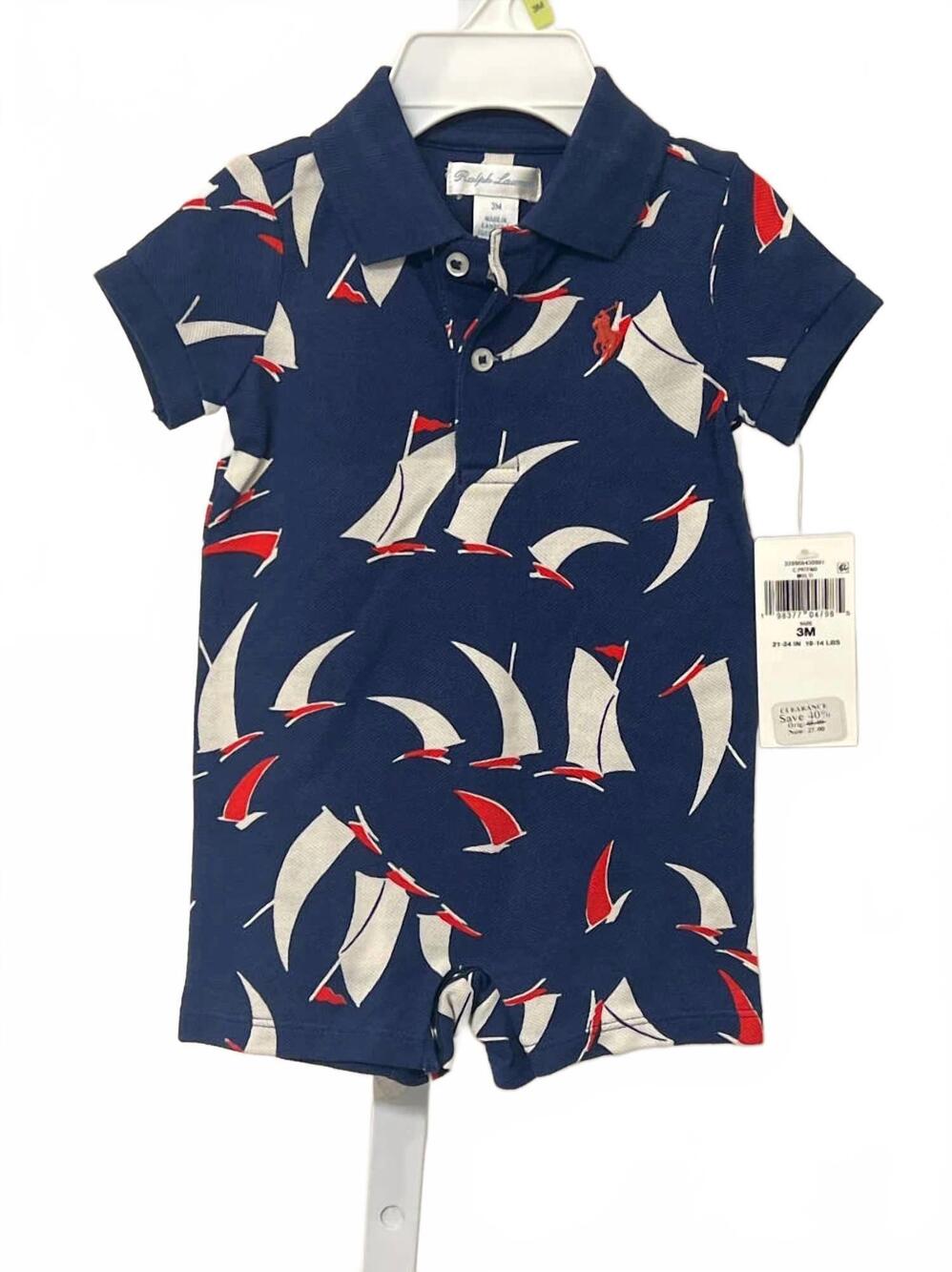 NEW POLO RALPH LAUREN baby boys sailboat print shortall in navy/white